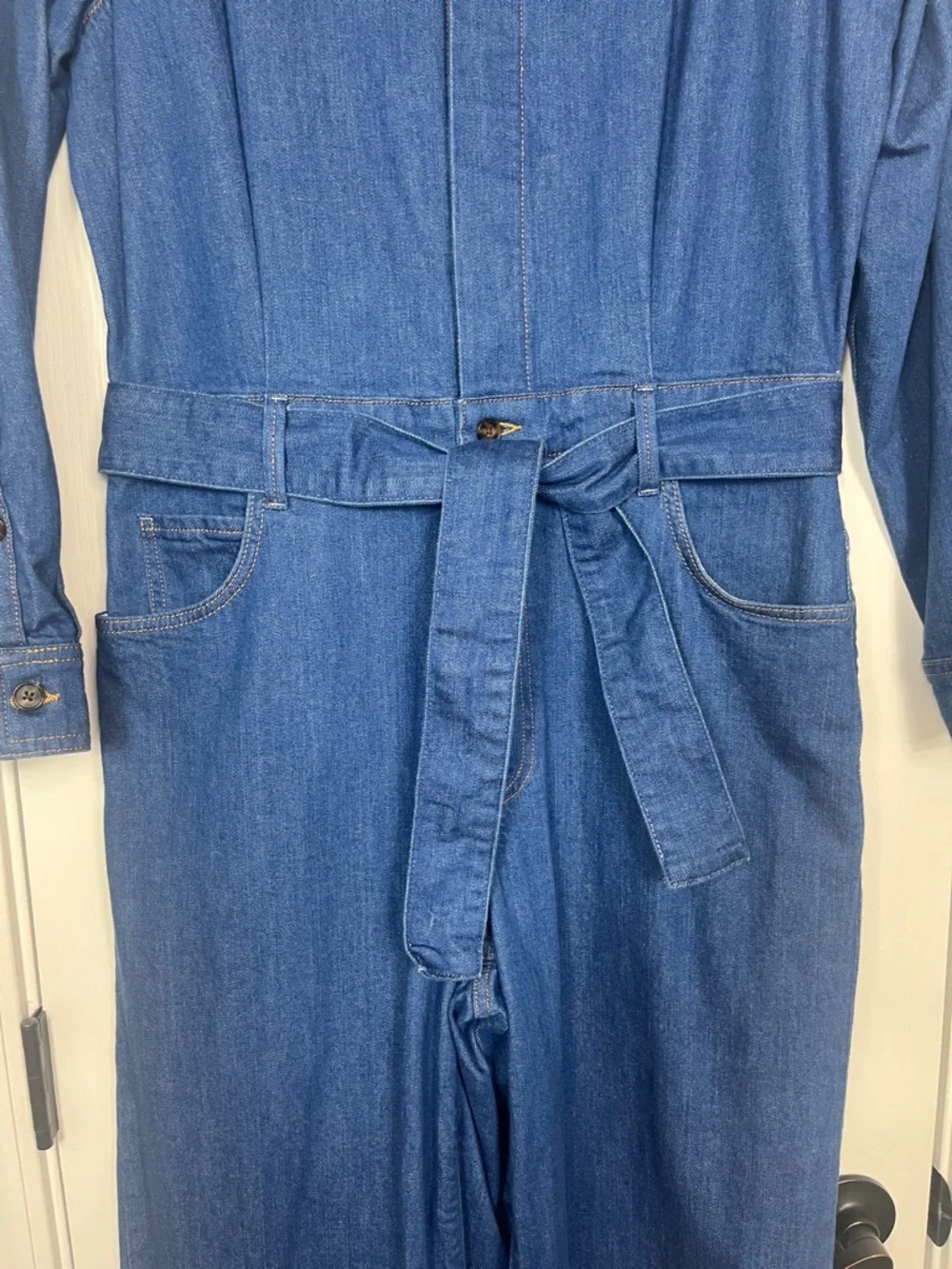 PAIGE Cameron Tie Waist Long Sleeve Wide Leg Denim Jumpsuit